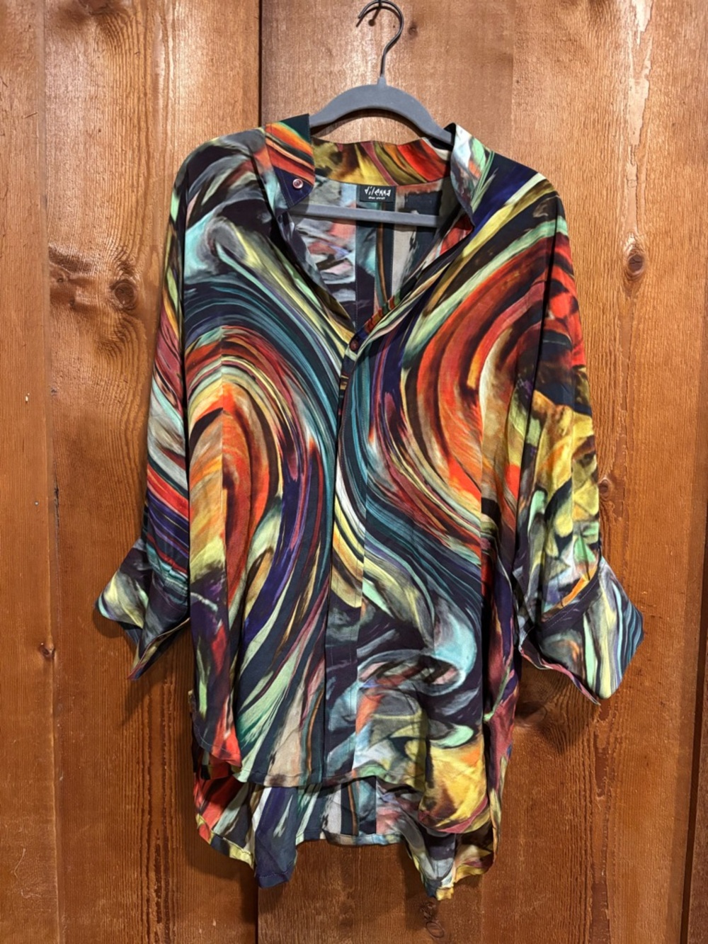 Dilemma Dhun Shroff 100% Silk Abstract Swirl Tunic Blouse Art To Wear One Size